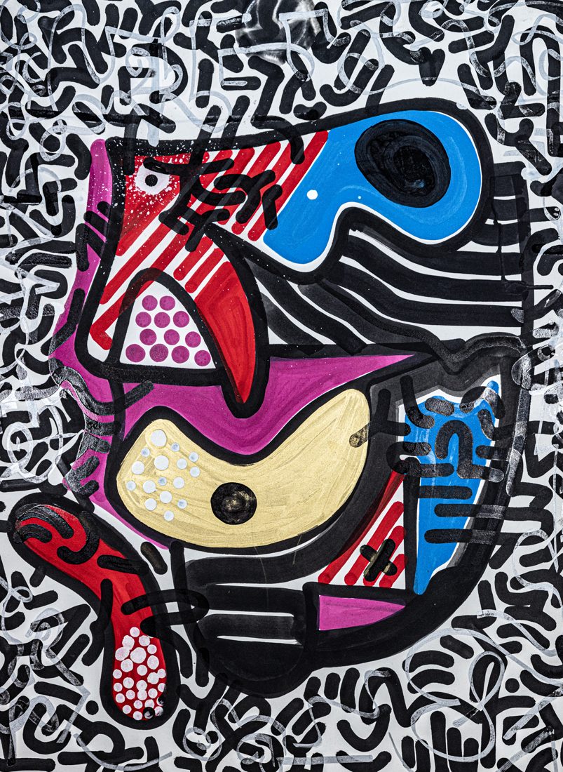 Doodle pop-art painting of an abstract face in magenta, blue, red and gold