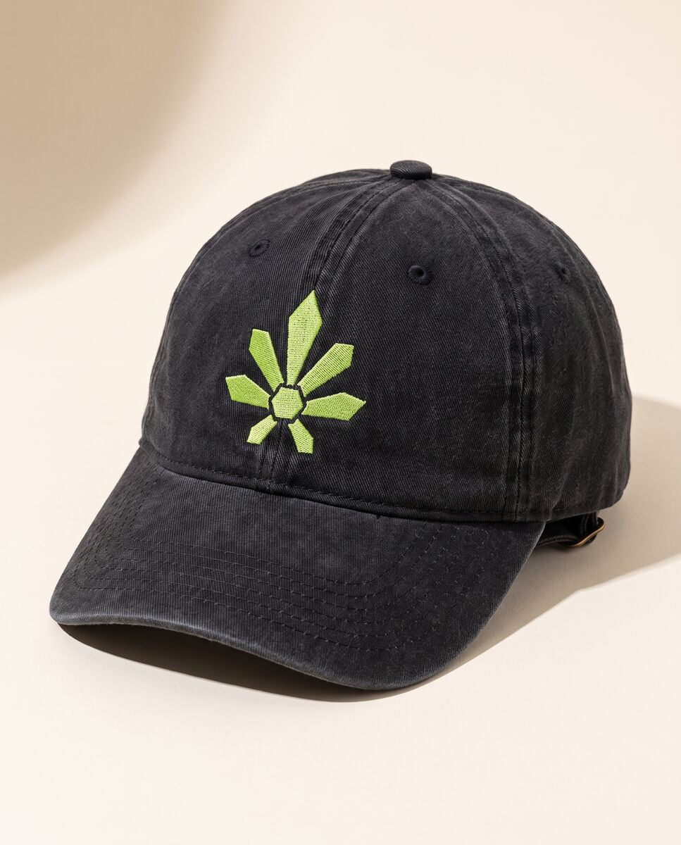 Washed black dad cap with the leaf embroidered in green
