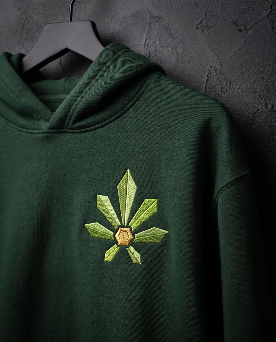 Forest green hoodie with the faceted leaf embroidered in green and gold
