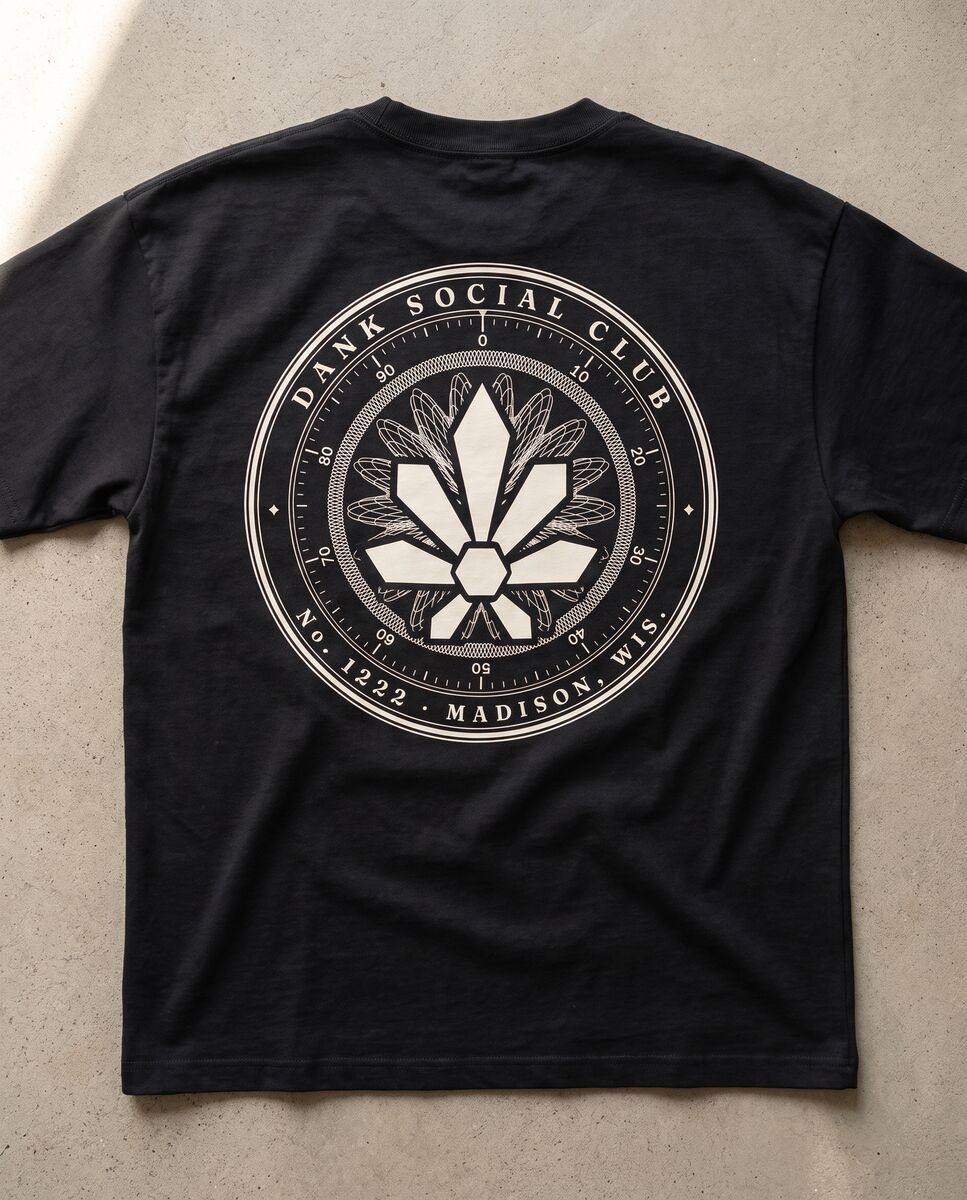 Black tee, back print of the Dank Social Club seal in cream